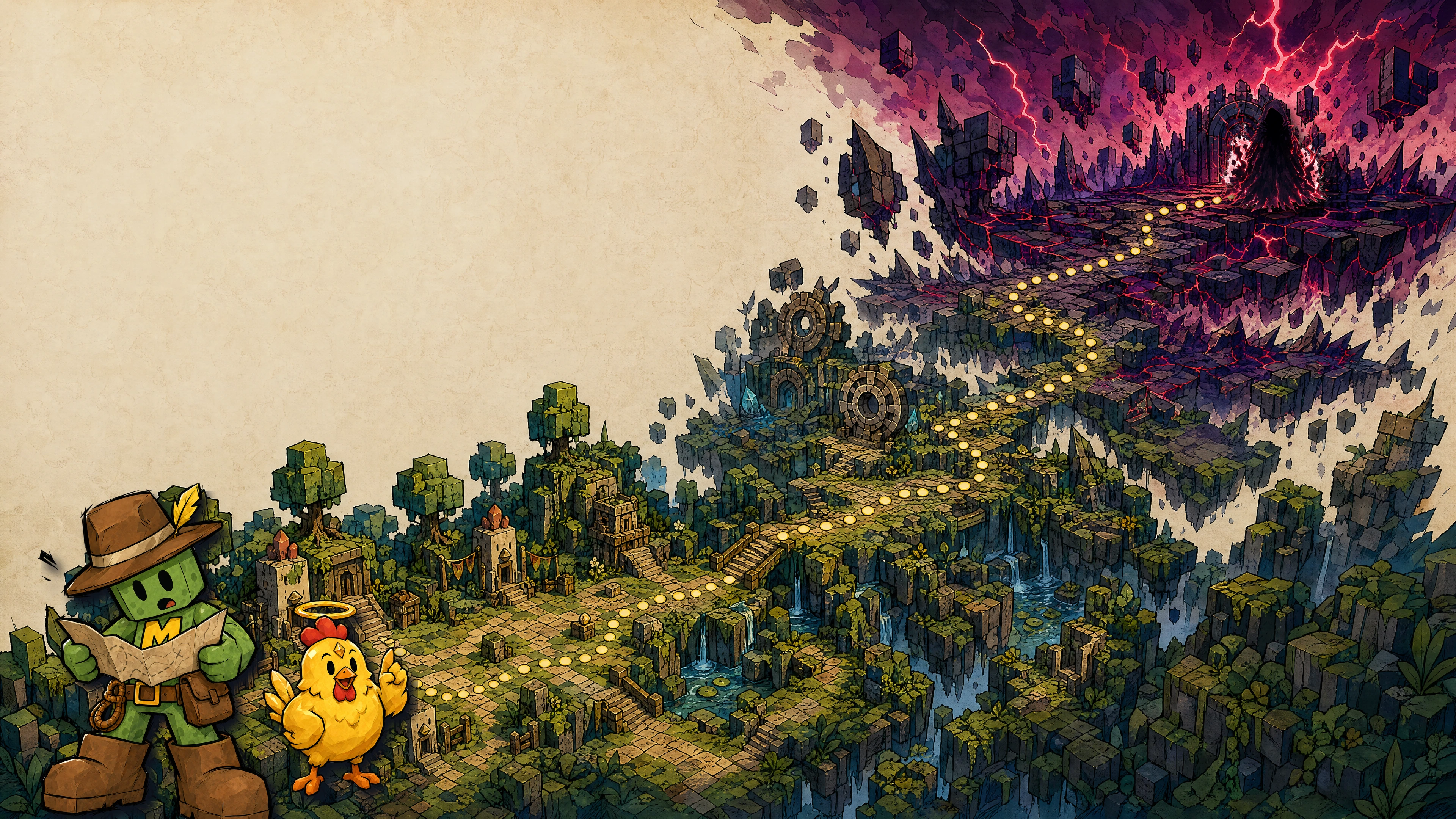 Minemo and the Golden Chicken follow a glowing route across Tessara toward the corrupted vault.