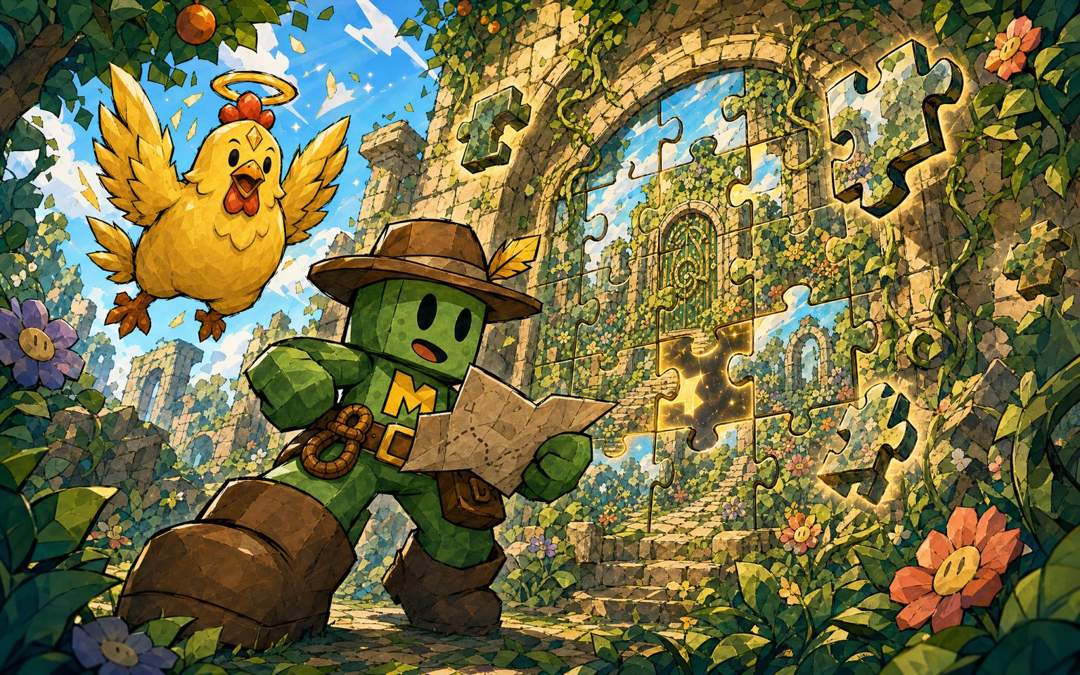 Minemo and the Golden Chicken solving glowing puzzle pieces in Garden Ruins
