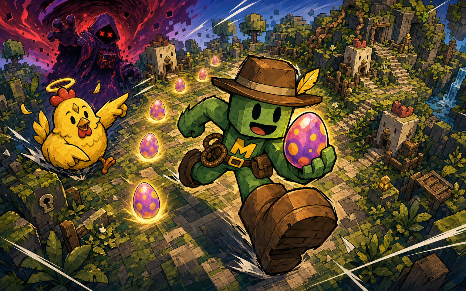 Minemo running through Moss Village with Mystery Eggs while Obscurox follows