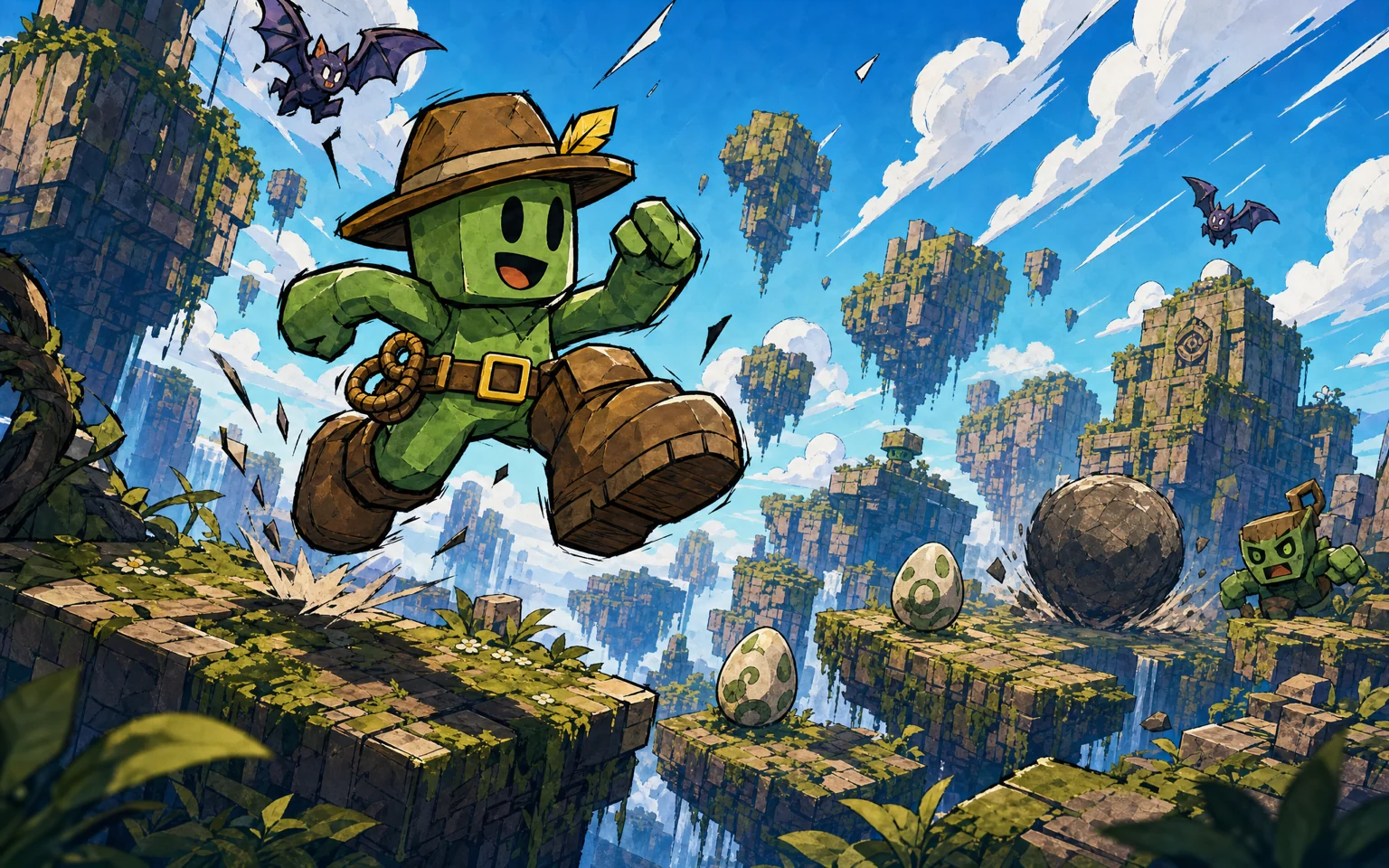 Minemo jumping across floating Tessara platforms in a wide parallax landscape